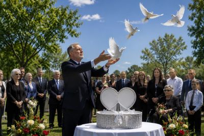Man releases white doves at a memorial gathering.