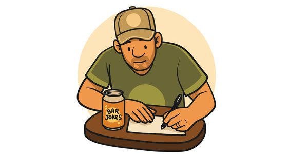 Man in a cap writing jokes with a beer can labeled 'Bar Jokes' nearby.