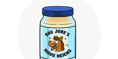 A jar of mayonnaise labeled 'Bar Joke's Mayo Neighs' with a cartoon horse illustration.