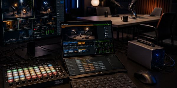 Podcast recording setup with laptop, mixer, and monitor in a cozy studio.