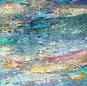 Abstract painting "Blue Reflection" 40" x 40" Acrylic on Canvas features a beautiful depiction of wa
