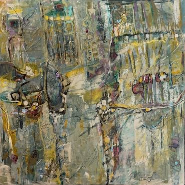 "Garden Abstract" 24" x 24" Acrylic on Canvas painting with greens, yellow, purple and white, by Tim