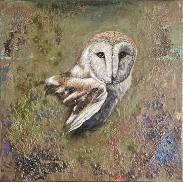 "Barn Owl Stare" 16" x 16" Acrylic on Canvas painting of a white barn owl surrounded by abstract gre