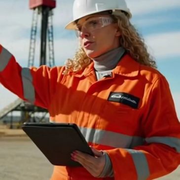 Female engineer in safety gear holding a tablet at an industrial site.