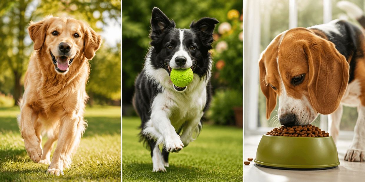 Três cães em diferentes situações: correndo, brincando e comendo.