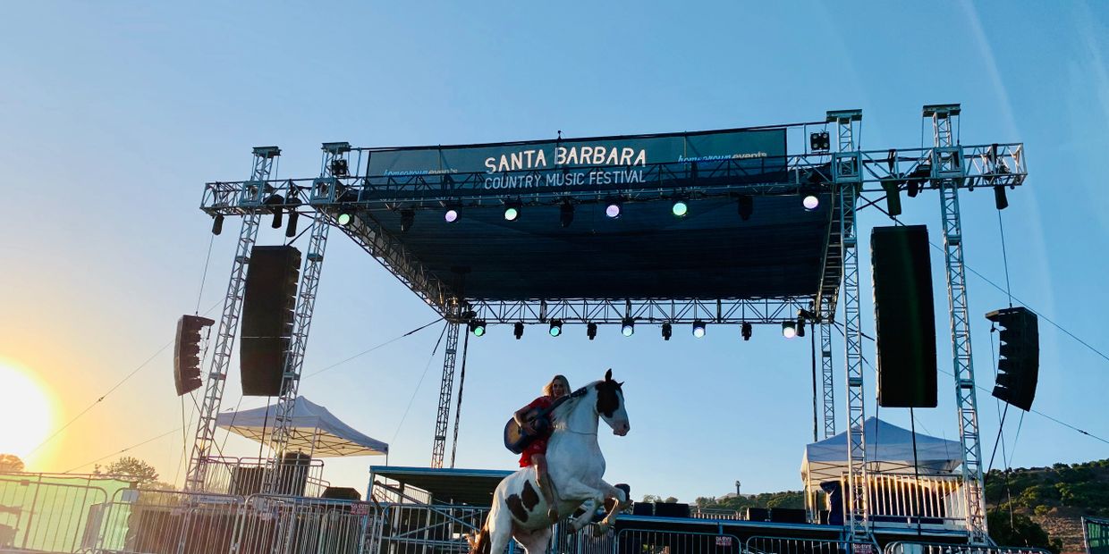 Horse rearing with guitar at liberty in front of a music festival