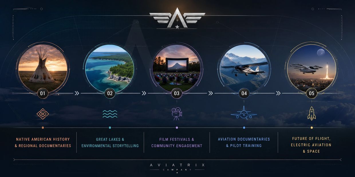 Timeline of Aviatrix Company's five key focus areas in documentary and aviation media.