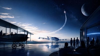 Rocket launch viewed from an airfield at night with people watching.