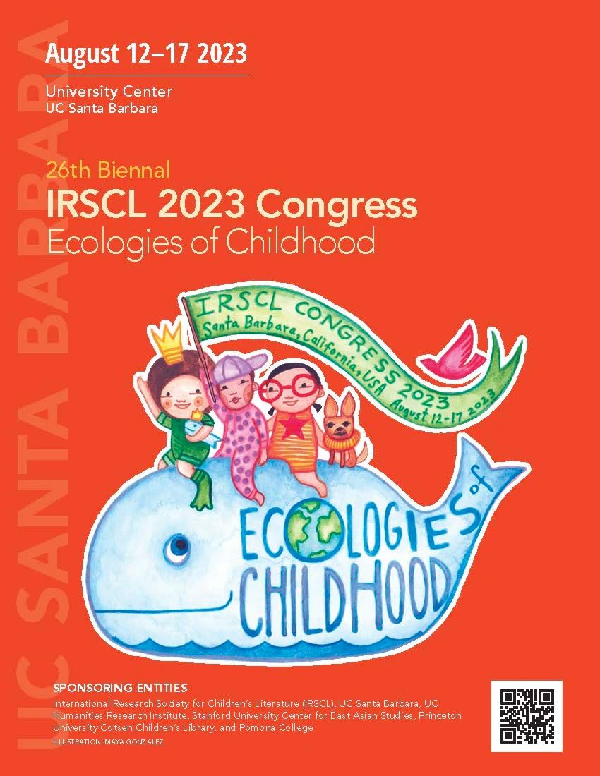 conference poster with qr code and logo (3 children and a dog riding a whale and holding a flag