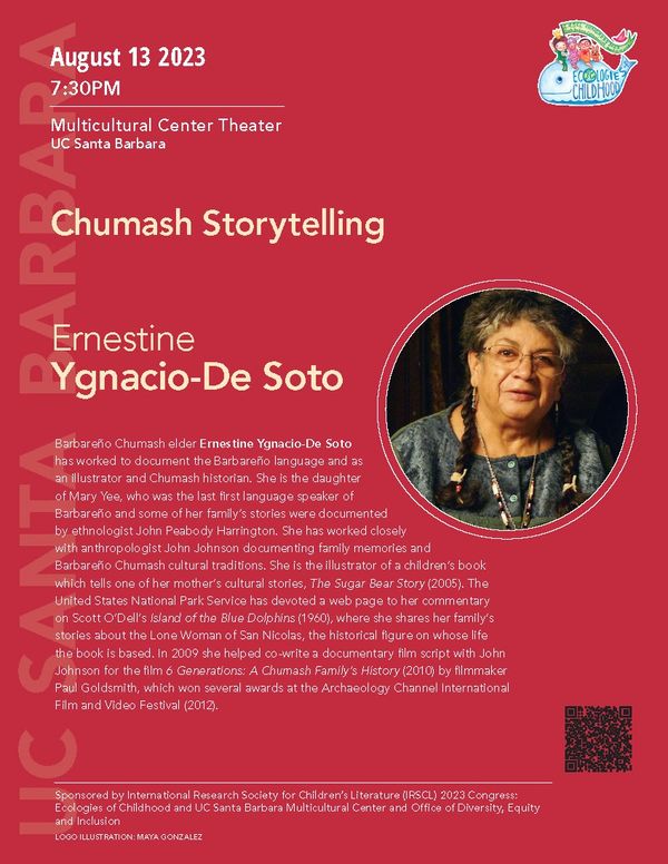 Ernestine Ygnacio-De Soto Chumash Storytelling event poster with photo of presenter and event logo