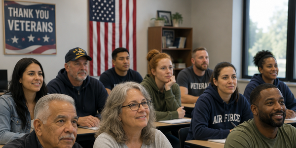 A diverse group of veterans attentively listening in a classroom setting.
