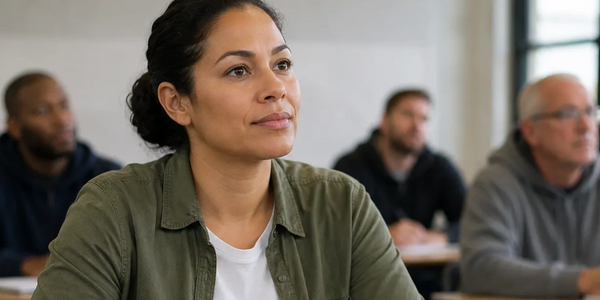 A focused woman listens attentively in a classroom setting.
