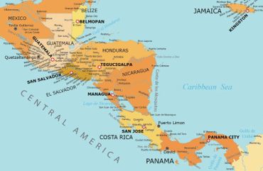 Map of Central America with countries and capitals.