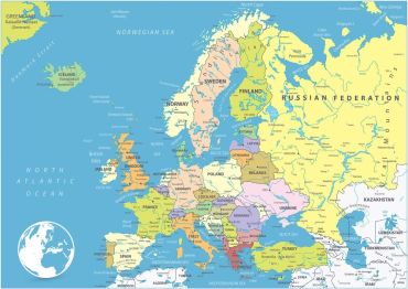 Political map of Europe with country borders and names.