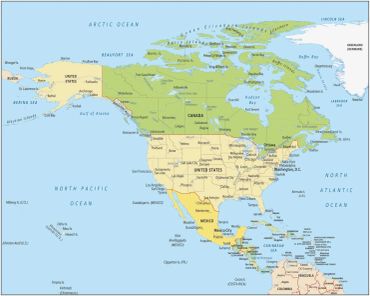 Map of North America showing countries and major cities.