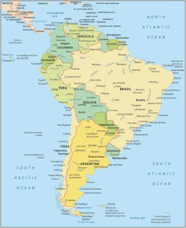 Political map of South America with countries and capitals.