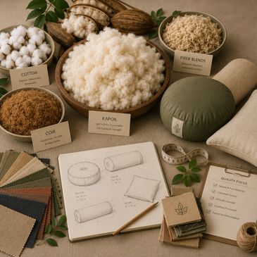 Natural fiber samples and sketches for sustainable cushion design.