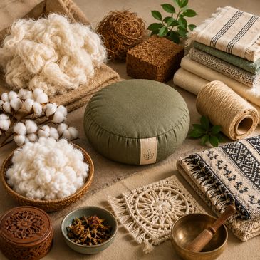 A green meditation cushion surrounded by natural fibers and textiles.