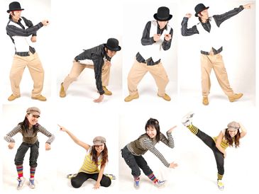 Two people in various dance poses wearing casual outfits and hats.