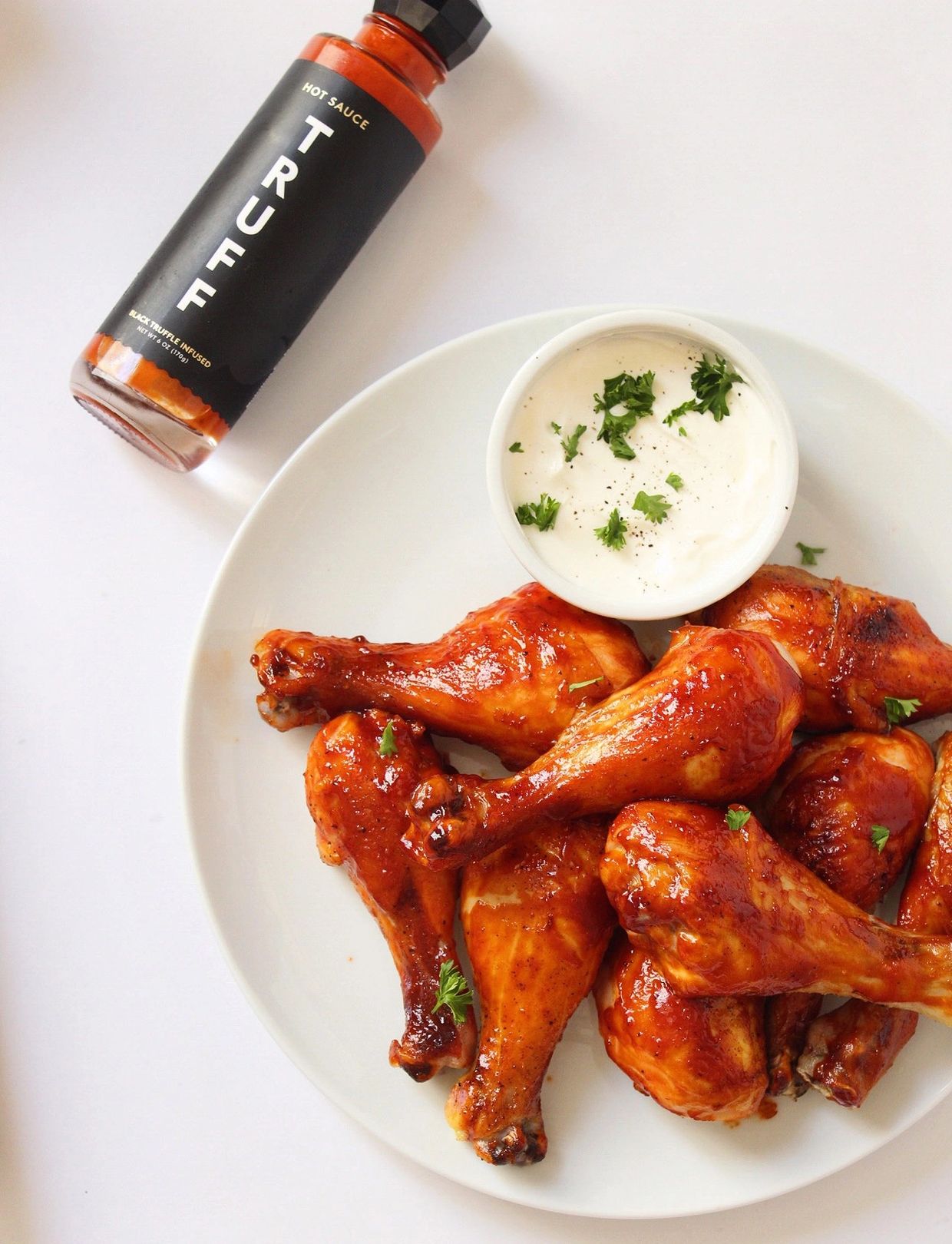 Truff hot sauce on crispy chicken wings! 