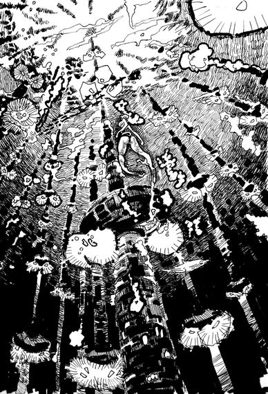 Intricate black and white surreal underwater scene with towering mushroom-like structures.