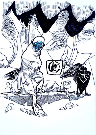 Surreal illustration of cloaked figures and a bird with an abstract symbol.