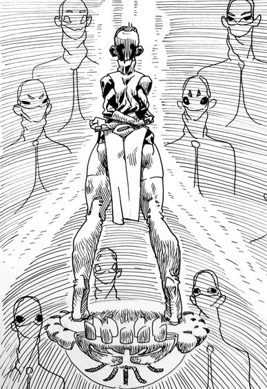 An abstract figure wields a sword surrounded by ghostly faces in a surreal black-and-white drawing.