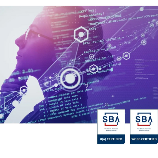 Person with digital code and network graphics showing 8(a) and WOSB certifications