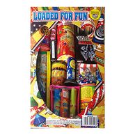 A colorful assortment of fireworks labeled 'Loaded For Fun'.