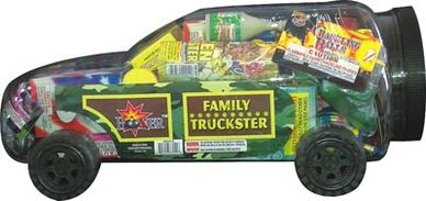 A toy truck-shaped container filled with various snacks and candies.