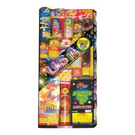 A colorful box of assorted USA-themed fireworks.