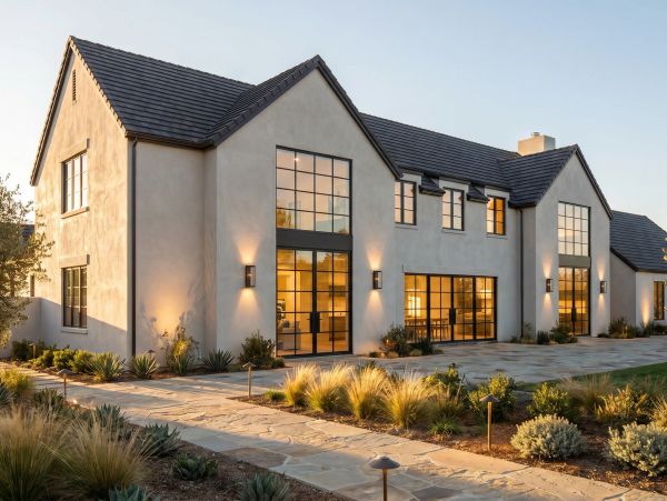 Modern two-story house with large windows and outdoor lighting at dusk.