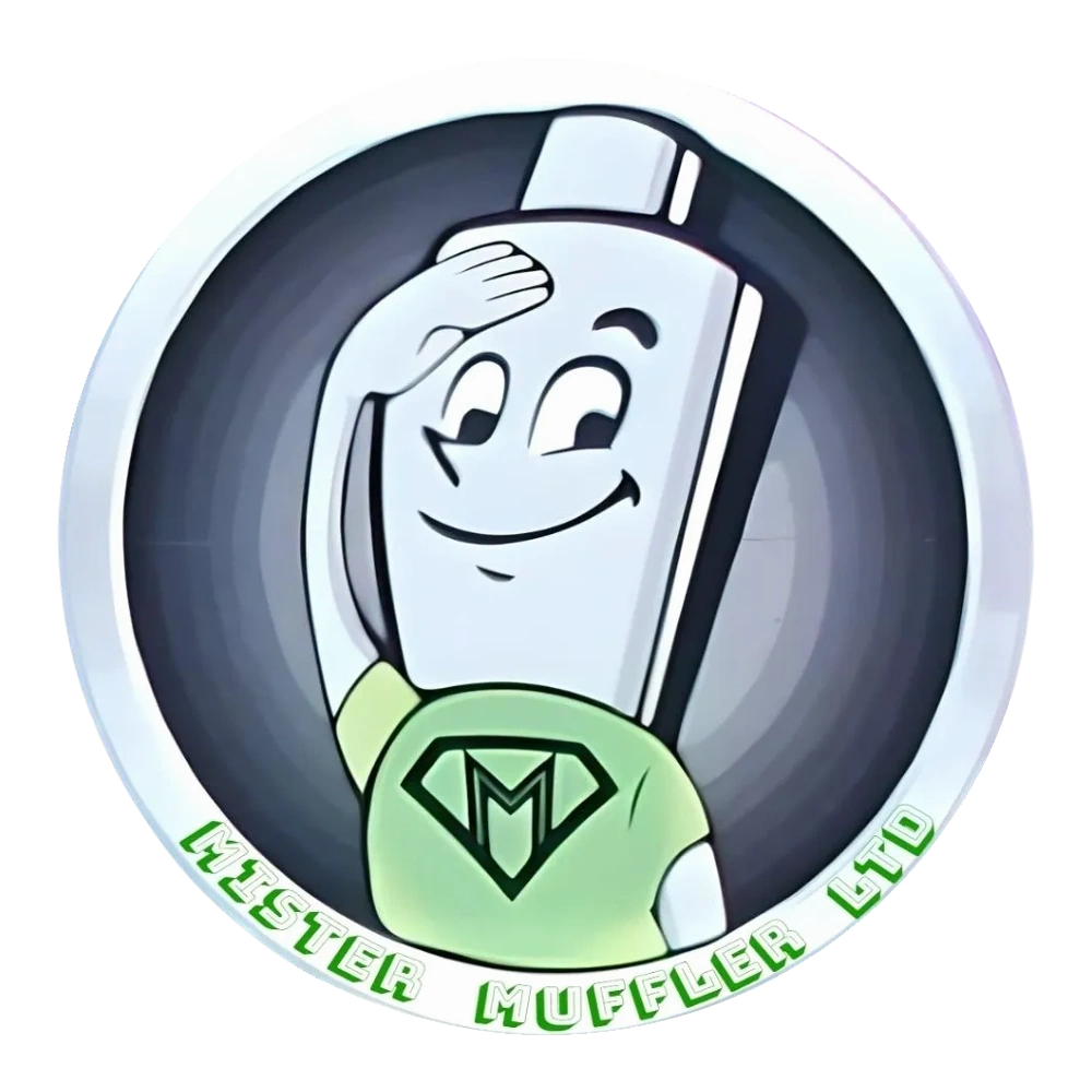 Cartoon muffler character saluting with "Mister Muffler Ltd" text.