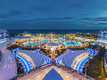 Sueno golf hotel at night in Belek Turkey. Holiday in Turkey.