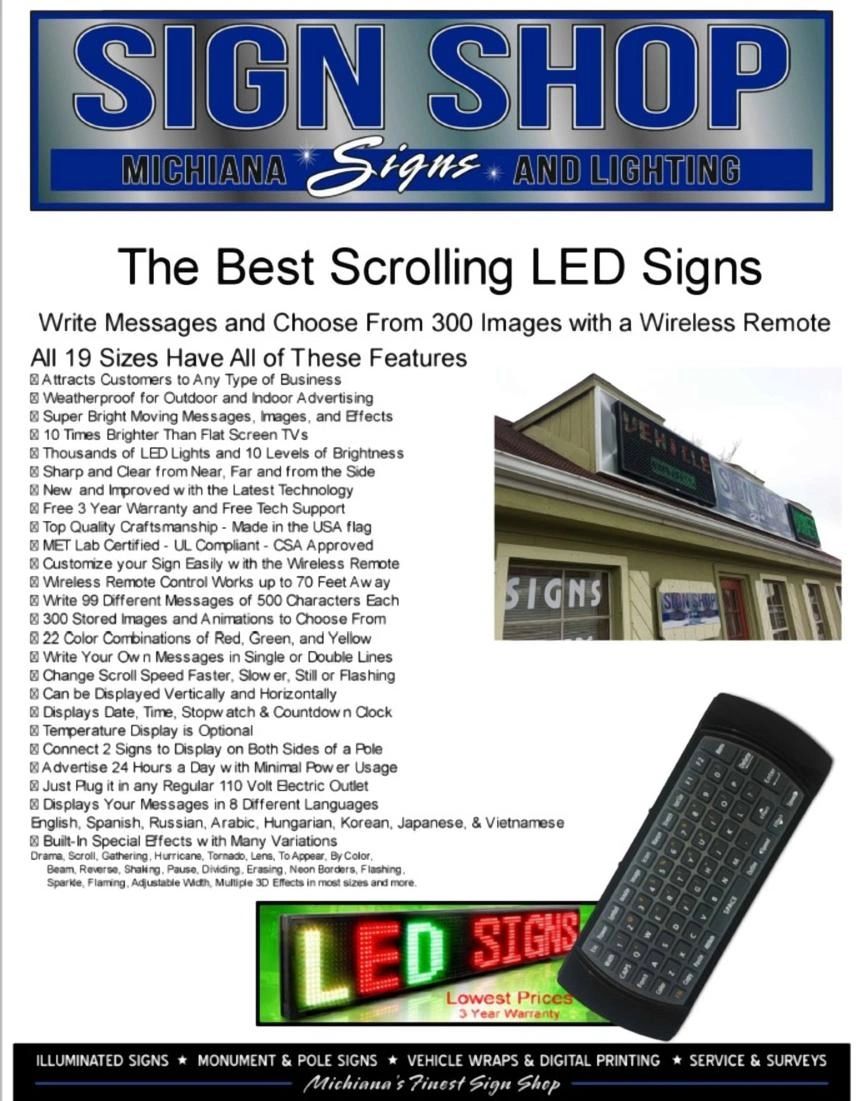 Advertisement for Michiana Signs' versatile scrolling LED signs with wireless remote control.