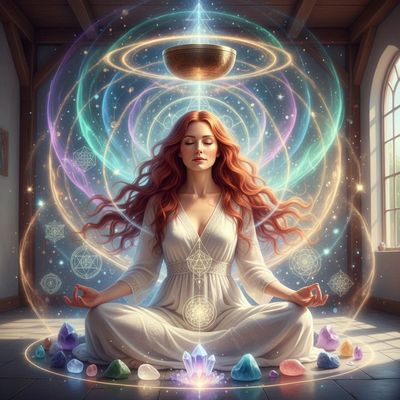 Woman in white meditating with glowing crystals and mystical energy patterns.