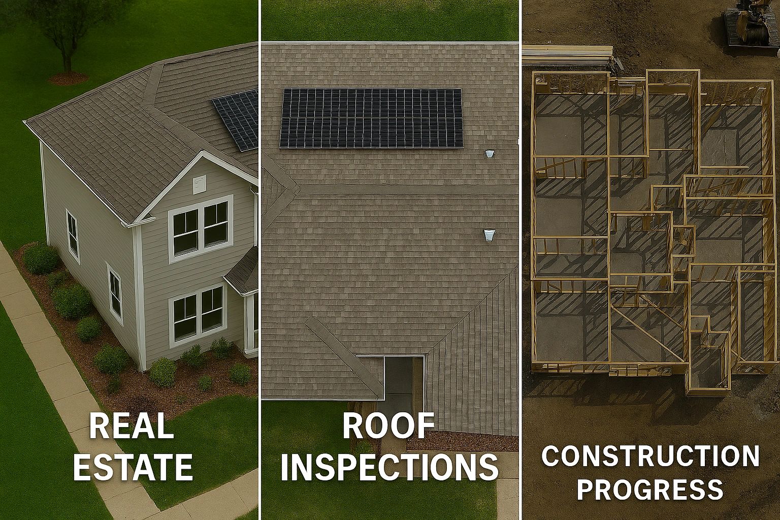 Aerial views showing stages of home real estate, roof inspections, and construction progress.