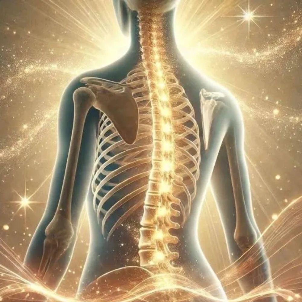 Glowing human spine and ribcage with radiant golden light effects.