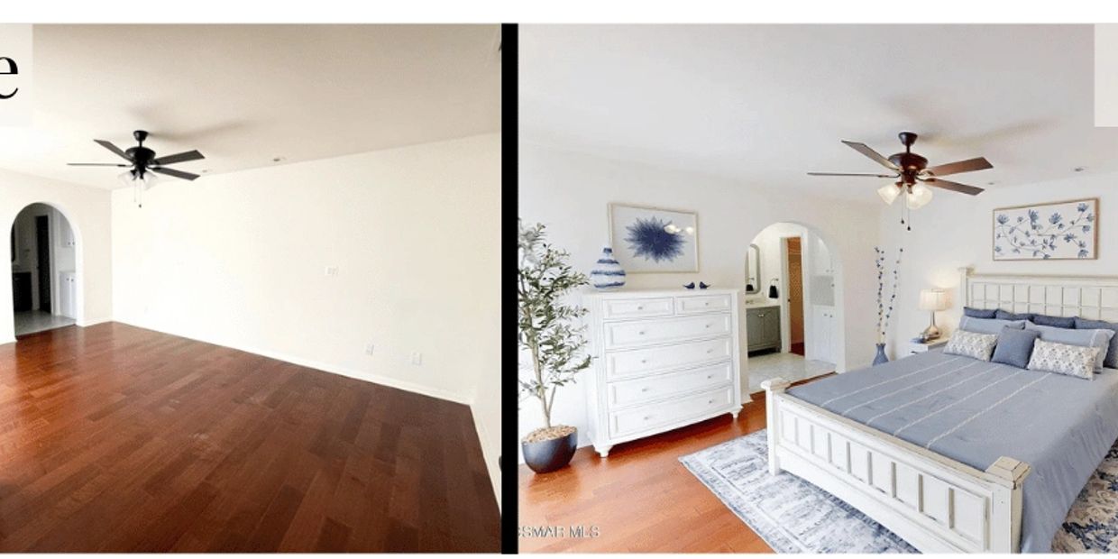 Bedroom Before and After Staging by Magnolia Staging Solutions at 2847 Cedar Wood Place, Thousand Oa