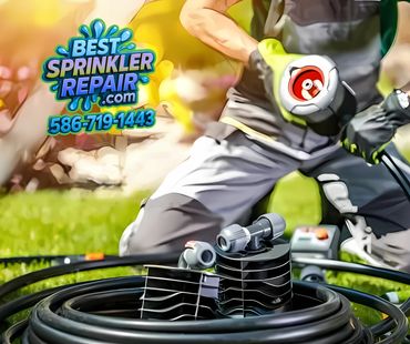 Technician repairing sprinkler system with tools and hoses in a garden.