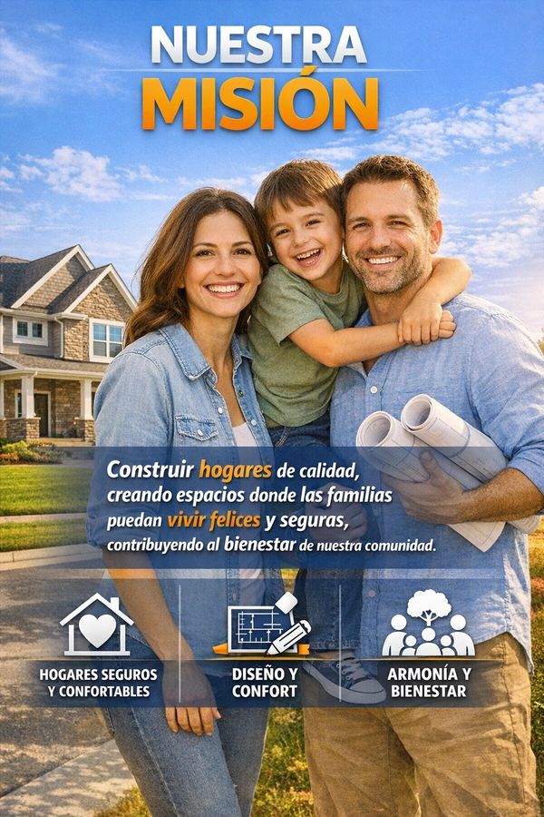 Familia feliz frente a una casa con mensaje sobre construcción de hogares seguros y confortables.