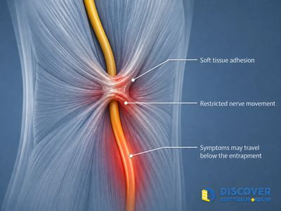 Soft tissue adhesion near a nerve pathway may restrict nerve movement and contribute to radiating sy