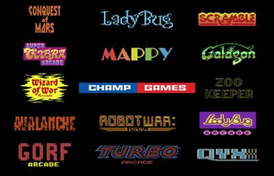 A collection of retro arcade game titles in various colorful fonts.