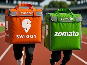 Swiggy and Zomato delivery bags racing on a track, symbolizing food delivery competition.