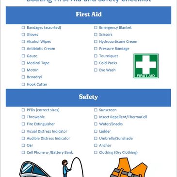 Boating first aid and safety checklist with essential medical and safety items.