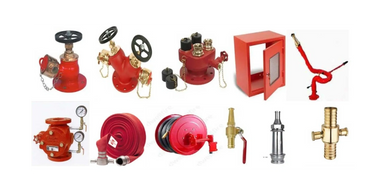 Various firefighting equipment and components displayed in a row.