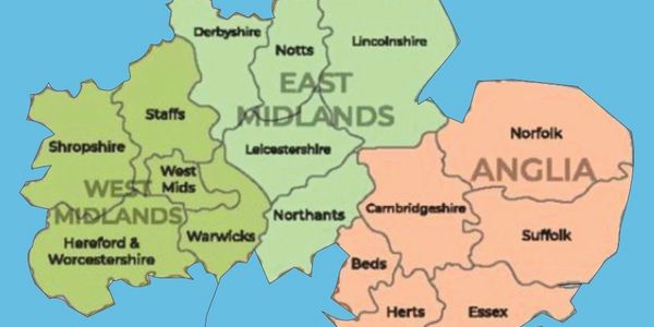 Map showing East Midlands, West Midlands, and Anglia regions with counties.