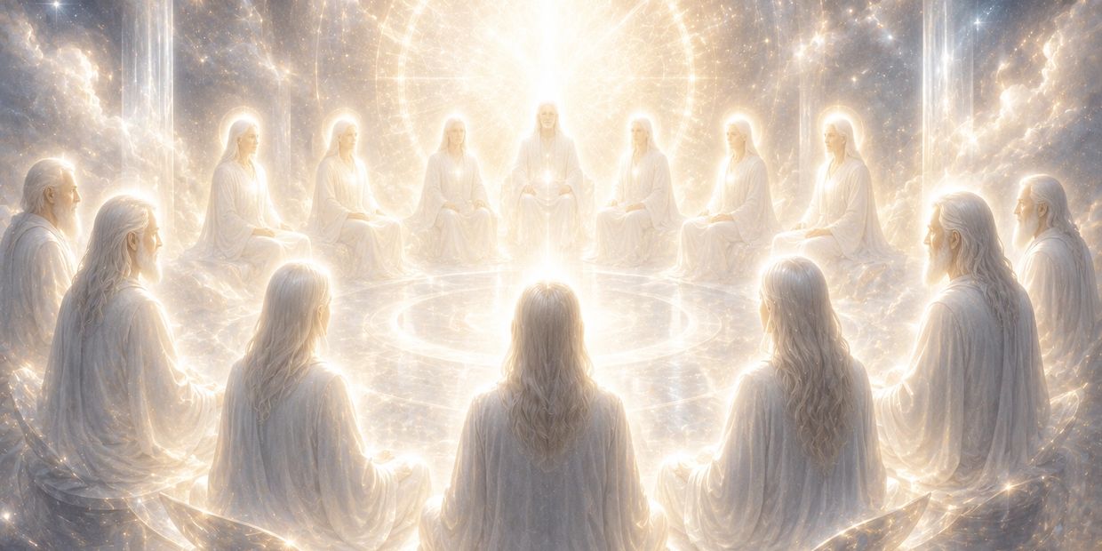 Figura divina em círculo iluminado, emanando luz celestial.