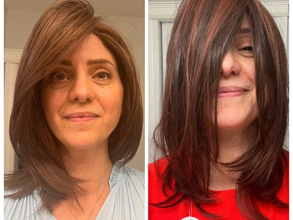 Woman with two different medium-length hairstyles and natural makeup.