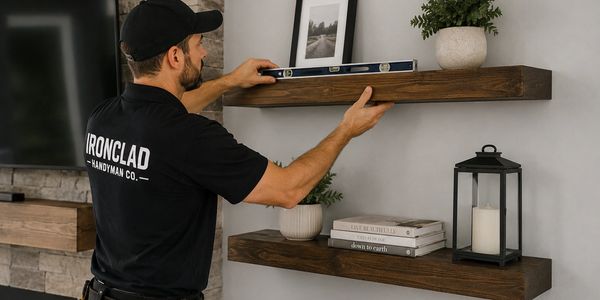 Handyman leveling a wooden shelf on a wall.